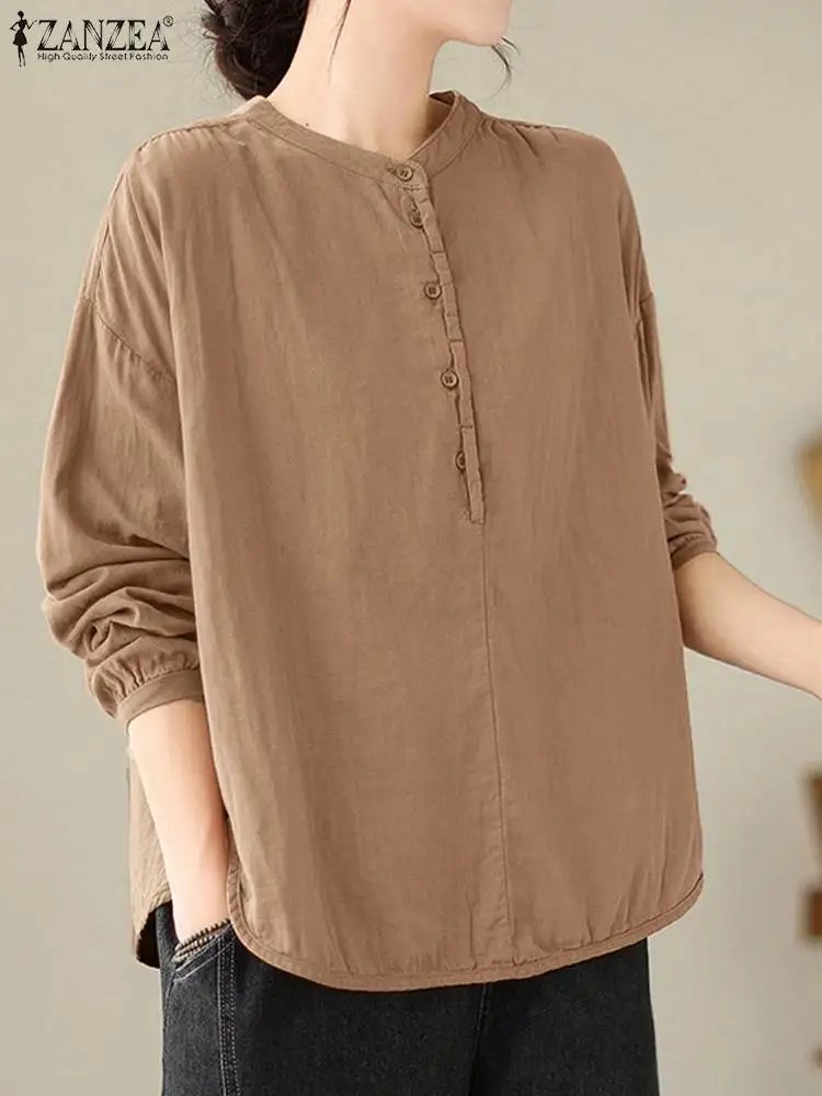 

ZANZEA Women Vintage O Neck Long Sleeve Blouse Autumn Shirt Casual Loose Cotton Tops Tunic Female Work Blusas Chemise Mujer 2023