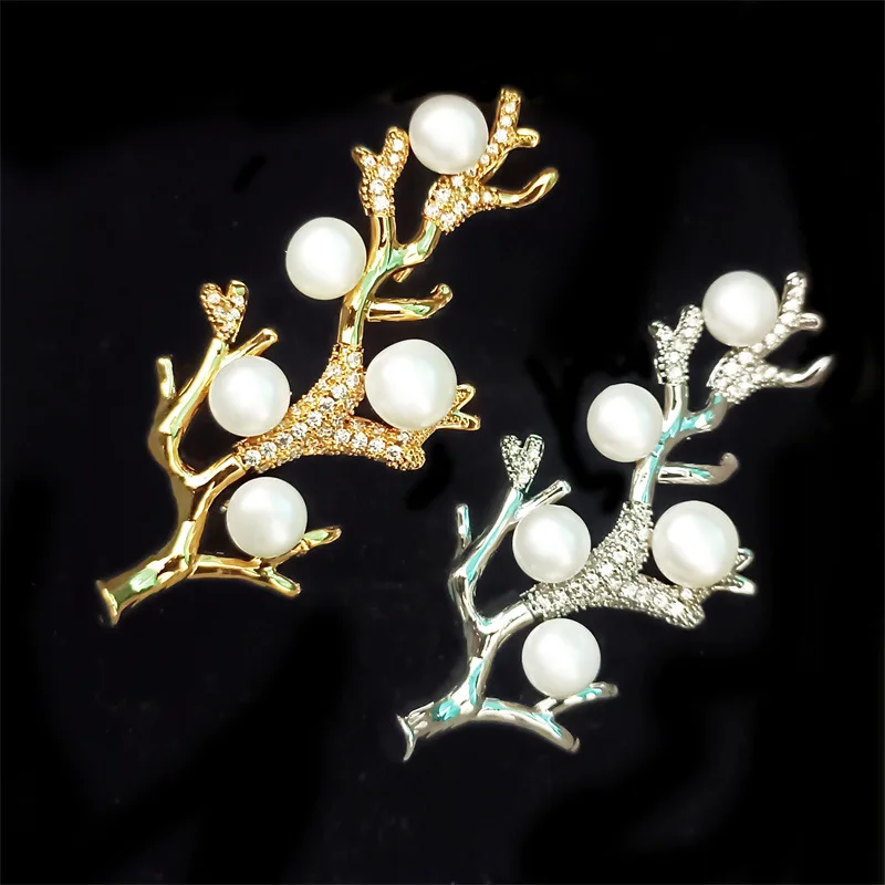 

Ethnic Style Zircon Plum Blossom Branch Broochpins Natural Fresh Water Pearl Flower Brooch Retro Scarf Clothing Accessories Pins