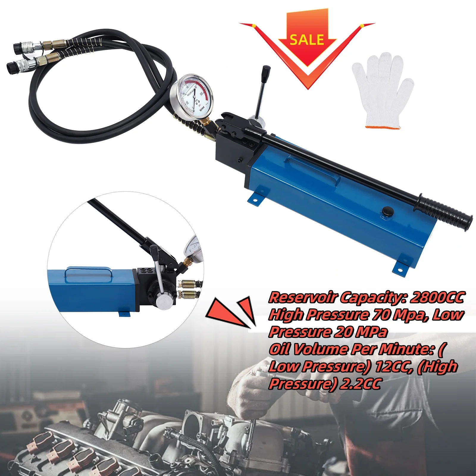 

CP-700D Manual Hand Hydraulic Jack Pump 20-70 MPa Double Acting 2 Stage 2800CC w/ Glove