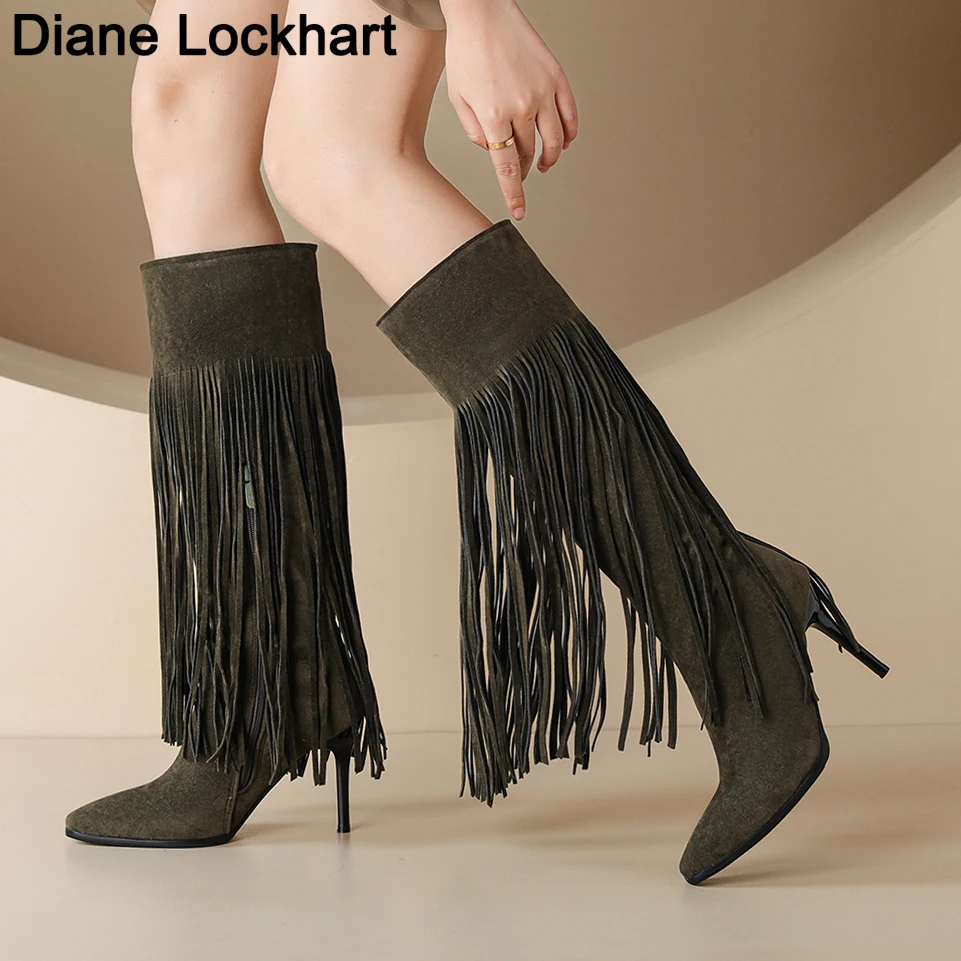 

Sexy Women Suede Tassel Boots Retro Knee High Boots Fashion Stiletto Heels Pointed Boots Party Bar Nightclub Dance Ladies Shoes