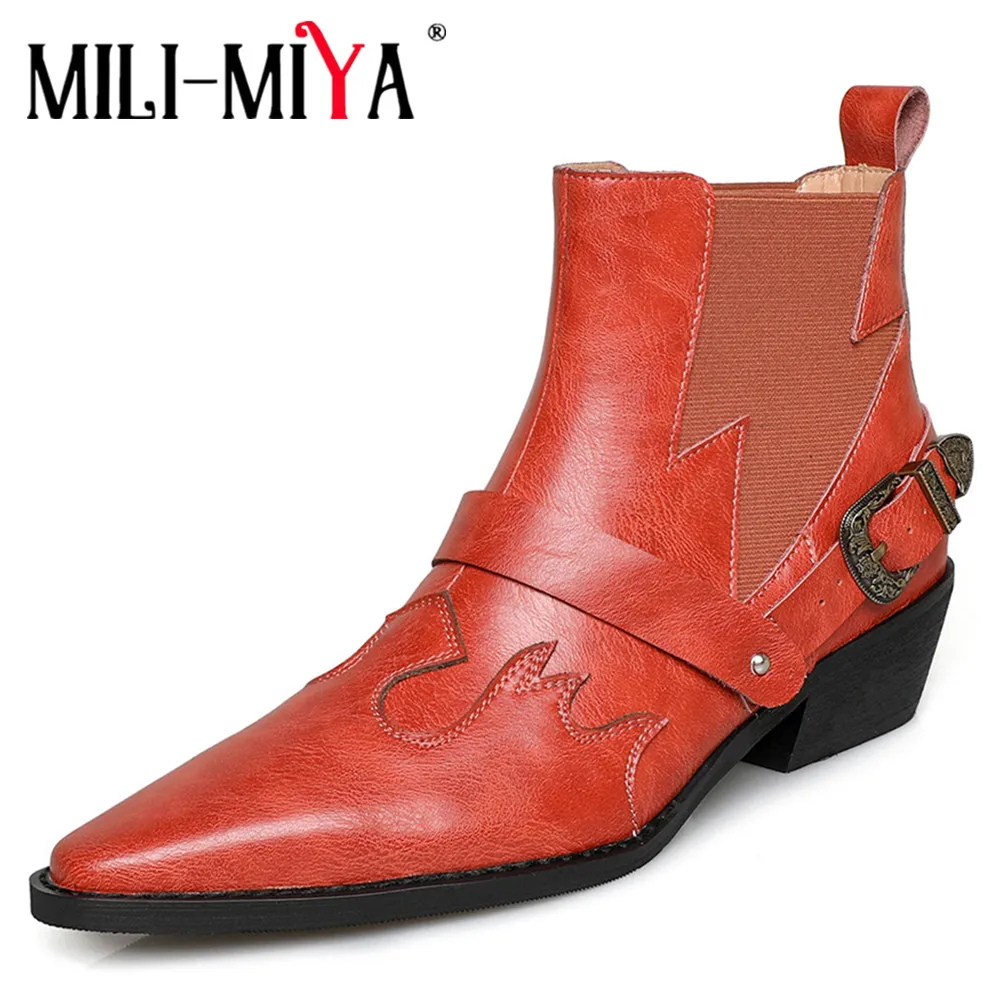 

MILI-MIYA New Arrival Western Shoes Women Cow Leather Ankle Boots Metal Buckle Pointed Toe Thick Heels Plus Size 34-43 Handmade