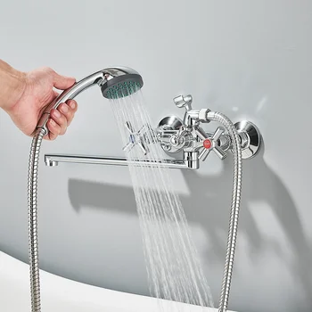 ก๊อกผสมอ่างอาบน้ำโครเมียมพร้อมฝักบัว ก๊อกอ่างอาบน้ำแบบยาว ก๊อกผสมอ่างอาบน้ำแบบสองมือจับ วาล์วผสมฝักบัวอ่างอาบน้ำ ก๊อกน้ำห้องน้ำในครัวเรือน 1