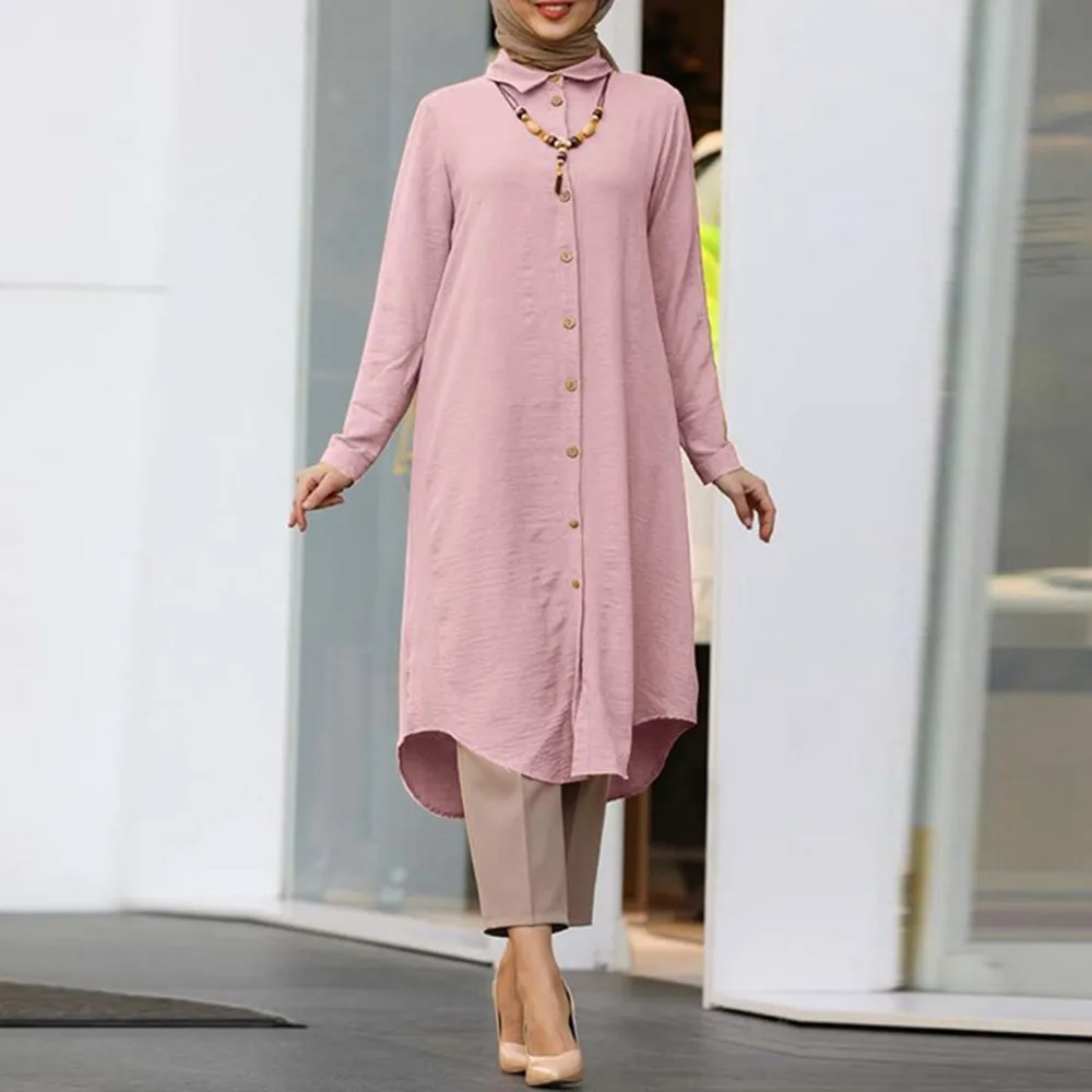 Muslim Solid Mid-Length Shirt Dress For Women Dubai Abaya Fashion Single-Breasted Long Shirt Top Turkey Arab Islam Dresses