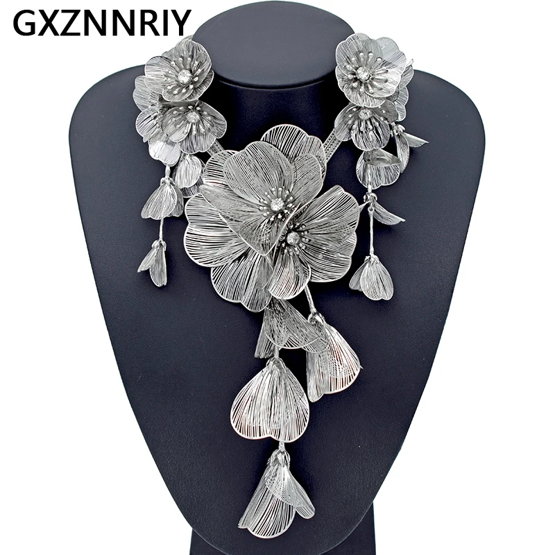 Handmade Copper Flower Necklace and Earrings Set for Women Accessories Femme Fashion Silver Color Jewelry Sets Party Gifts