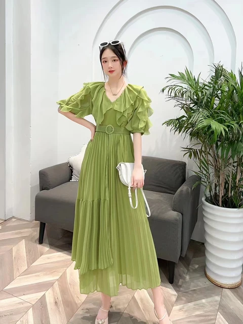 Summer Woman Girl Fashion Chiffon Ruffles Girdle Dresses V Neck