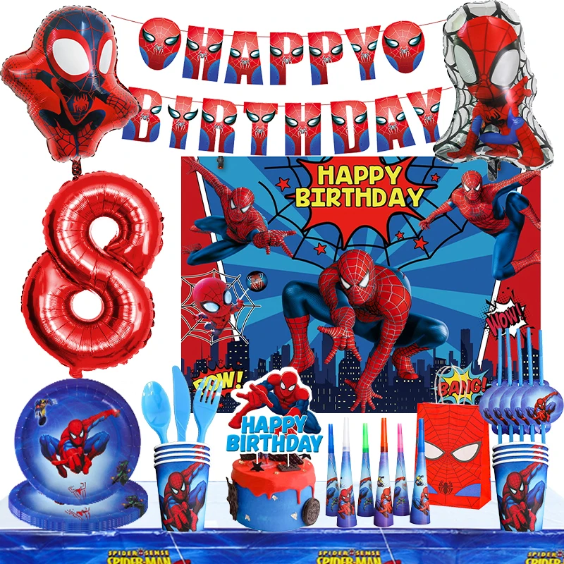 Spiderman Themed Birthday Party Supplies Disposable Meal Cup Tablecloth Children's Birthday Party Aluminum Balloon Decoration