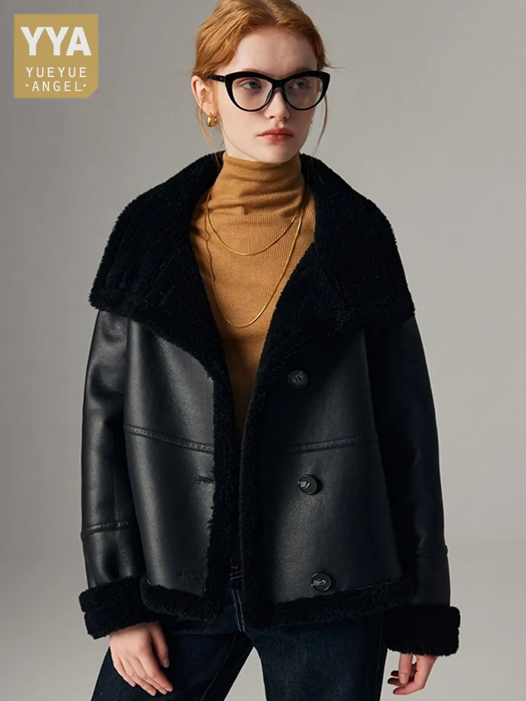 

Women Winter Artificial Leather Real Wool Jacket Loose Fit Warm Sheep Fur Lining Overcoat Single Breasted Motorcycle Biker Coat