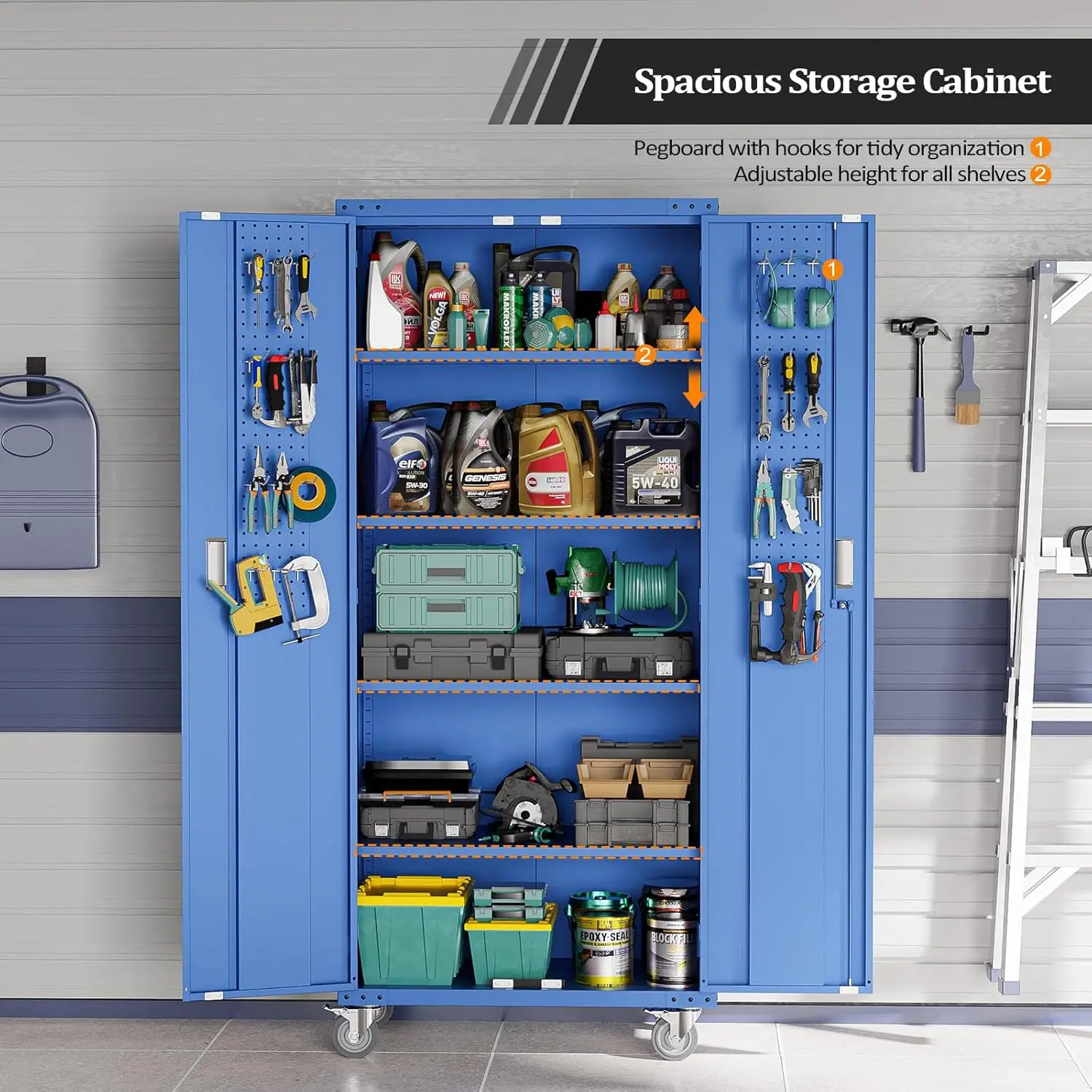 72'' Tall Metal Garage Storage Cabinet with Pegboards, Wheels, Locking Doors and Adjustable Shelves, File Cabinet/Tool Cabinet