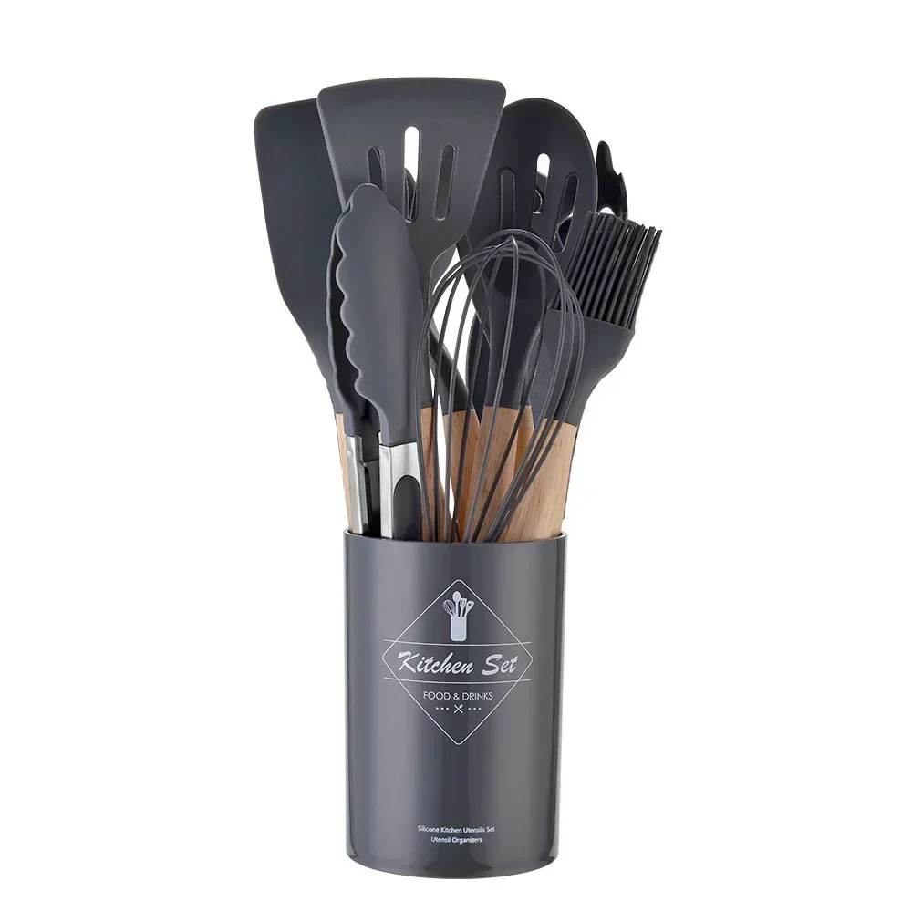 Kitchen Utensils 12PCS Silicone Kitchenware Non-Stick Cookware Kitchen Utensils Set Spatula Shovel Egg Beaters Wooden Handle Cooking Tool Set