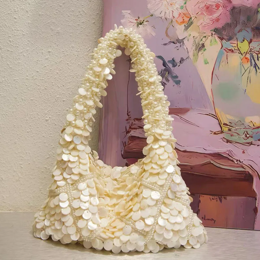 Beads Beading Tassel Hobo Bag Fashion Shell Woven Handmade Shoulder Bag Luxury Clutch Purse High Quality Women's Handbag