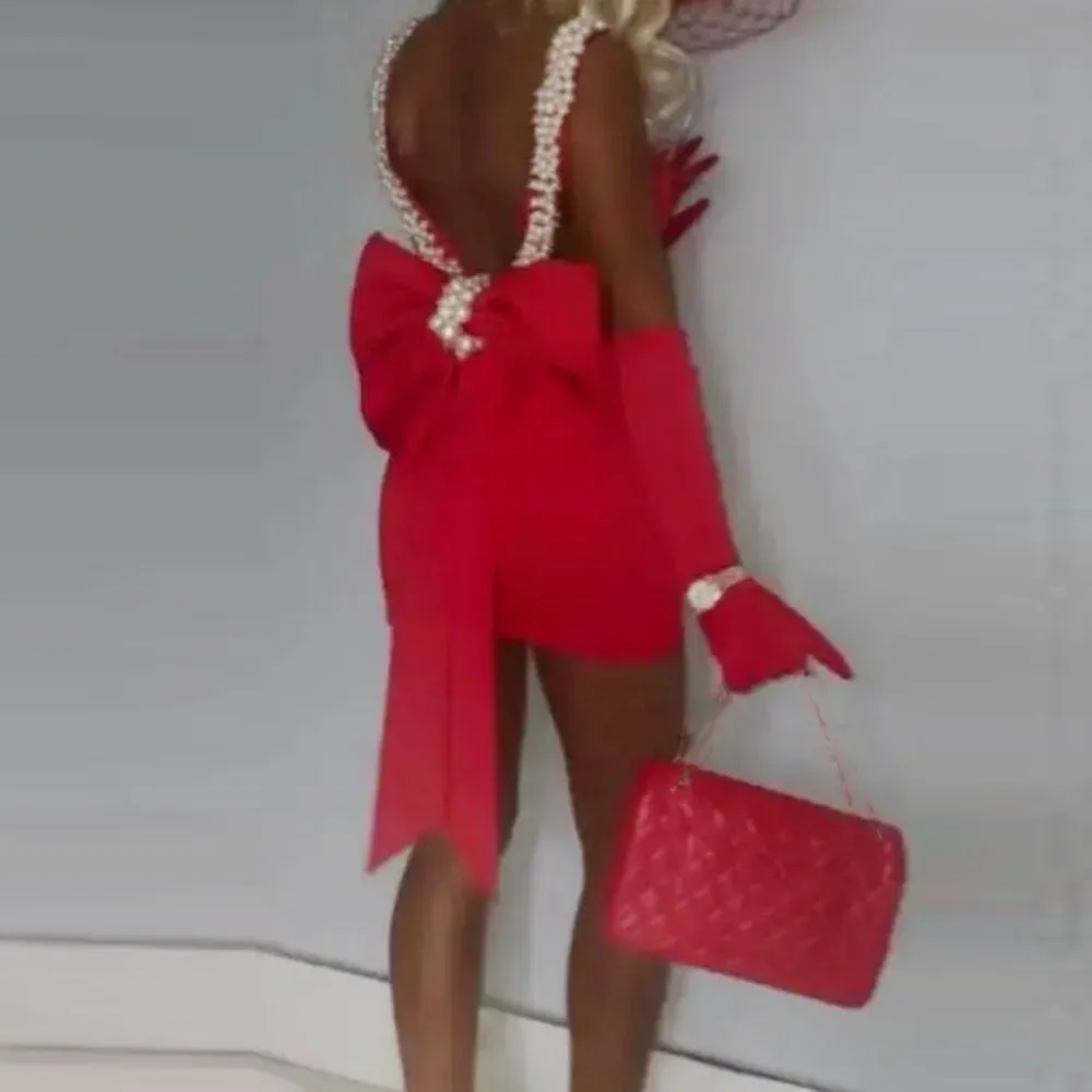 Red Cocktail Dresses Without Gloves Sexy Back Major Bead Pearls robes de soir&eacute;e Big Bow Mini Prom Party Dress Aso Ebi Gowns
