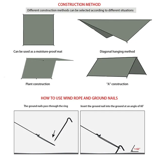 Függőágya Kemping Ponyvás Eső Légy, Vízálló Sátor Lábnyom Menedékház Napzólapot Piknik Szőnyeg Szabadtéri Napellenző Túrázáshoz - Image 6