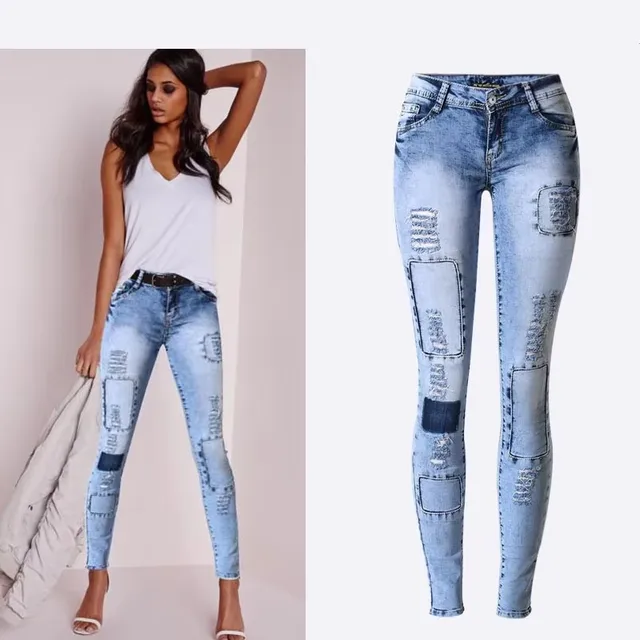 Summer Style Low Waist Sky Blue Patchwork Skinny Tights Women Pencil Jeans High Stretch Sexy Push Up Denim Women Fashion Jeans 1