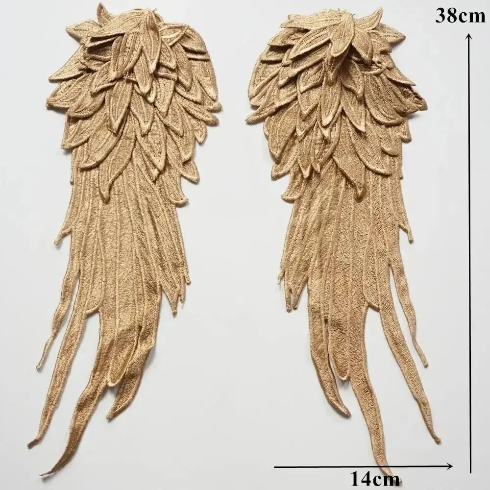 2Pcs 자 수 천사 날개 골드 브라운 Applique 바느질 꽃 칼라 패치 웨딩 파티 가운 신부 드레스 의류 DIY 공예
