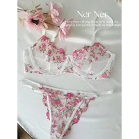 Ensemble de lingerie japonaise Kawaii en tulle transparent, soutien-gorge brodé floral rose, bralette et ensemble assorti BANERDANNI Tushy Bras 2