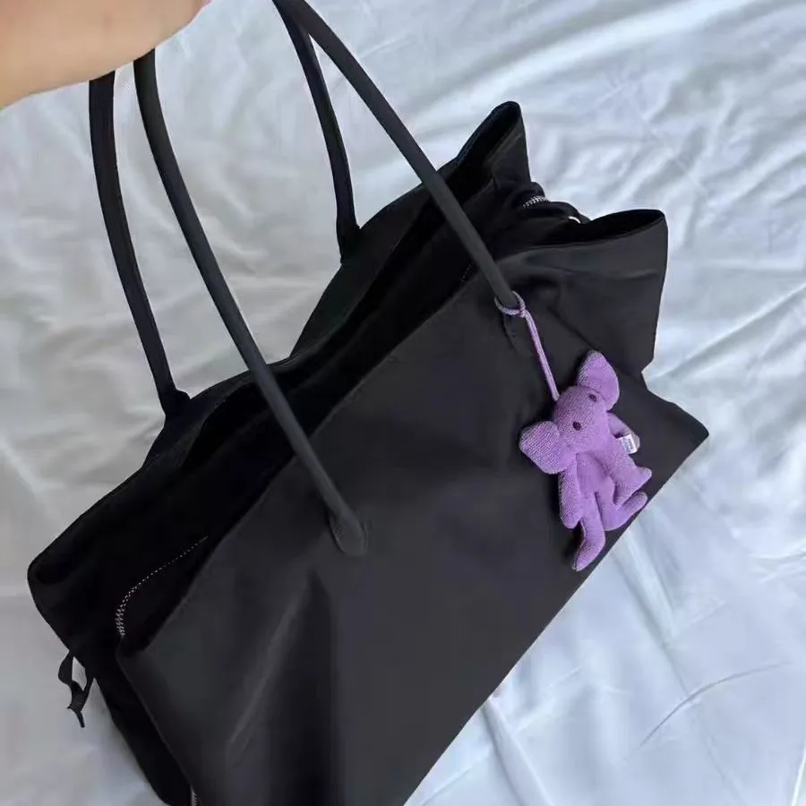 Women's Solid Black Cool Tote Bag 2025 New Fashion Simple Nylon Large Capacity Commuter Double Zipper Compartment HandBags