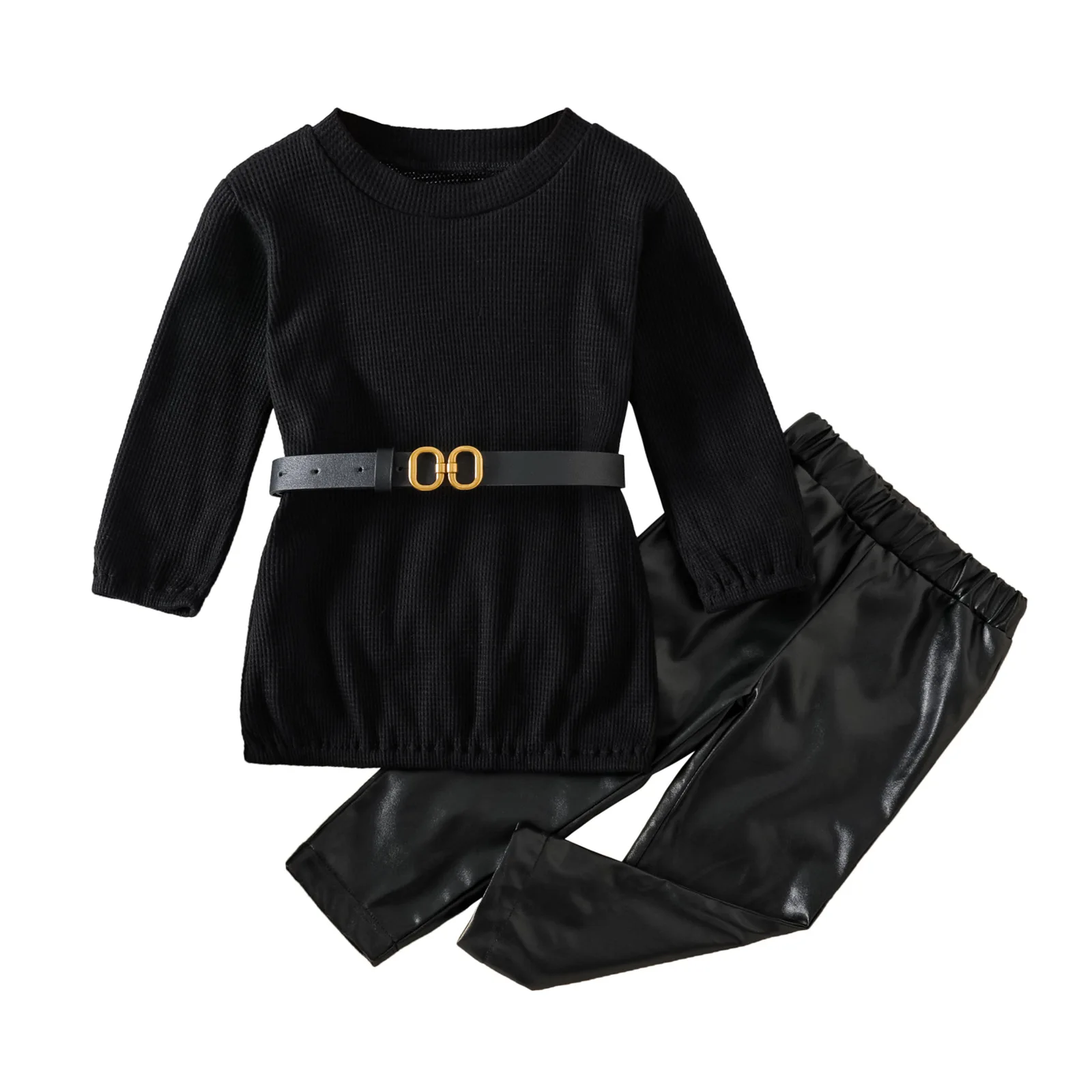 

Baby Girls Spring Autumn Long Sleeve Pullover Knitting Tops+PU Leather Pants+ Belt Three-piece Set For 1-6Years Kids Clothes Set