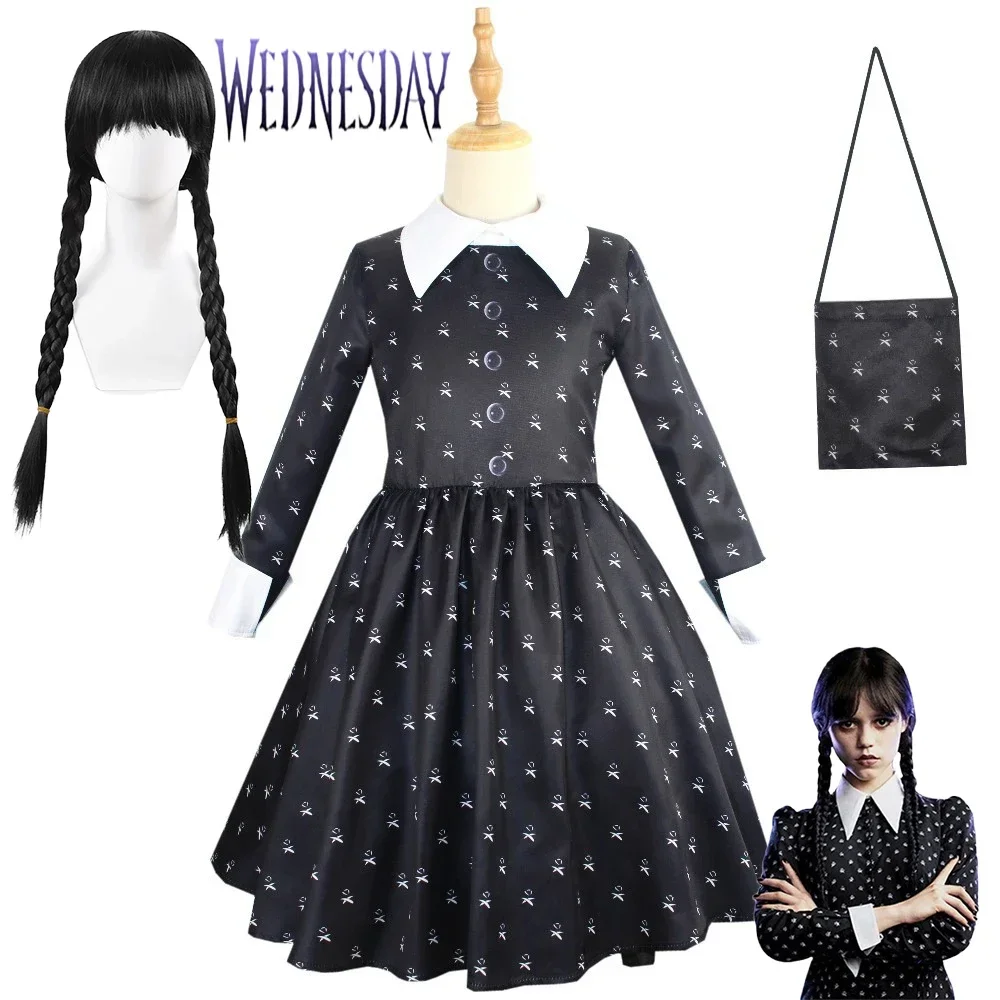 

Movie Wednesday Addams Cosplay Costume Dress Addams Dress Bag Wig Long Sleeve Fantasy Spring Autumn Flared Skater Girls Kids