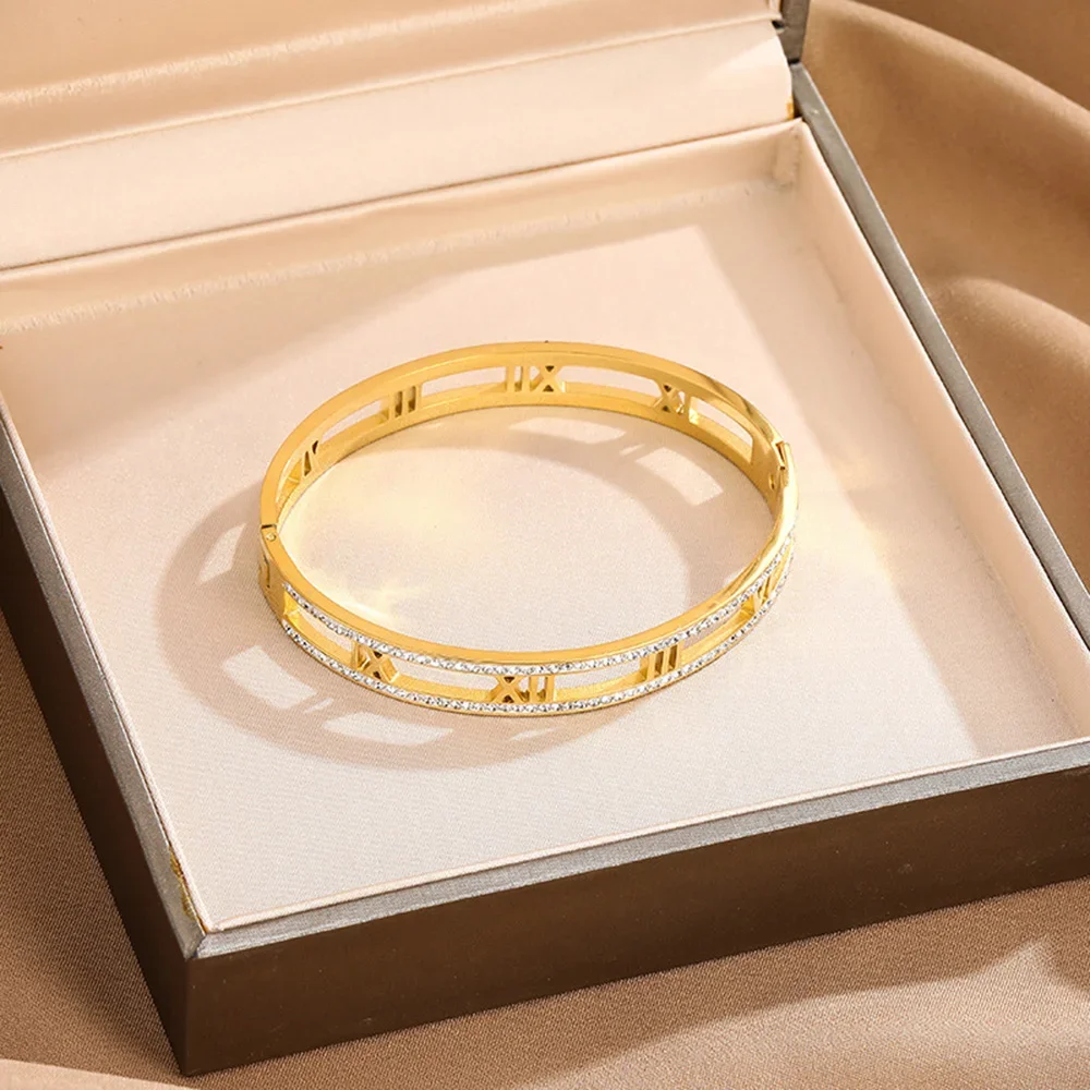 Luxury Crystal Hollow Roman Numeral Bracelets For Women Men Stainless Steel Unisex Bangle Fashion Classic Jewelry Accessories 4