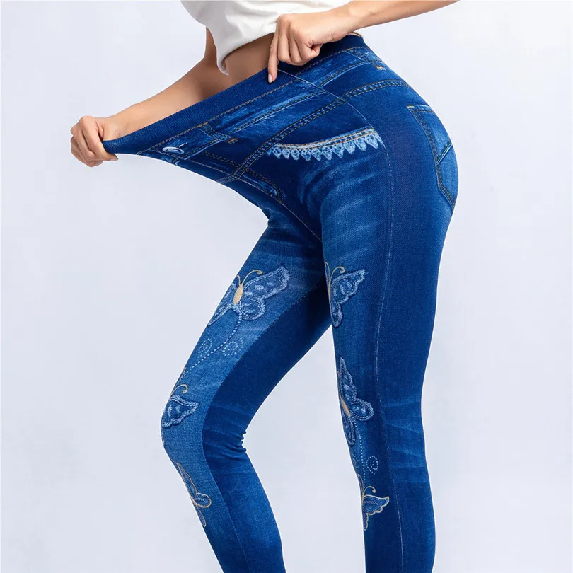 LJCUIYAO 원활한 높은 허리 청바지 레깅스를 밀어 여자 가을 탄성 Jeggings 데님 바지 나비 인쇄 패턴 하단