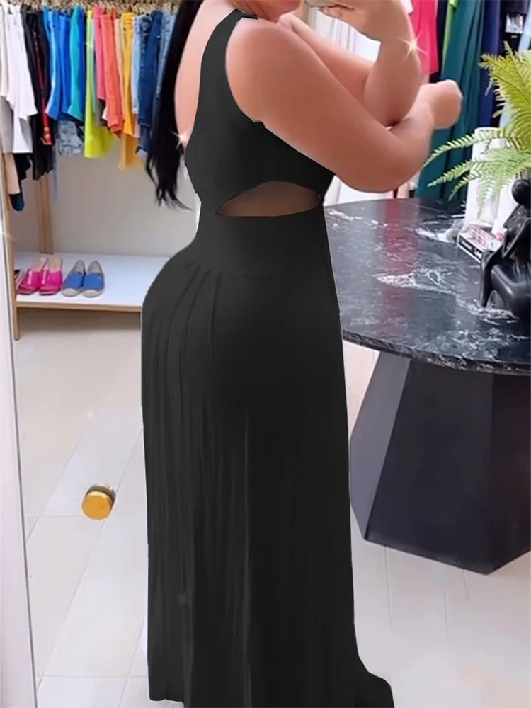 Wmstar 2024 Summer Dresses Women Sleeveless Sexy Perspective Open Back Fold Elastic Waist Pulling Dress Wholesale Dropshipping