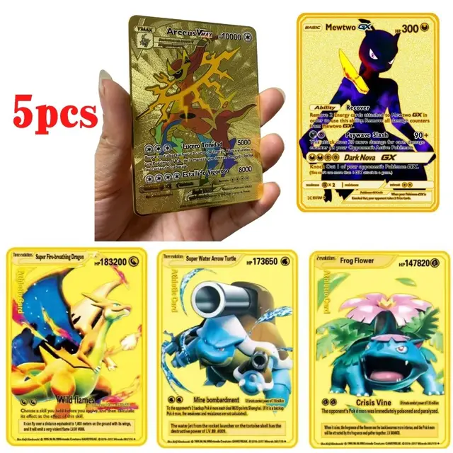 5PCS Pokemon Iron Cards Golden Metal Pokemon Shiny Letters Pikachu Mewtwo Charizard Vmax Game Collection Card Anime Metal Gifts 6