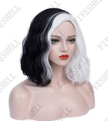 2023 New Cruella Deville De Vil White Black Wig for Deville Hair Short Curly Wavy Heat Resistant Cosplay Costume Halloween Wigs – Detail 3