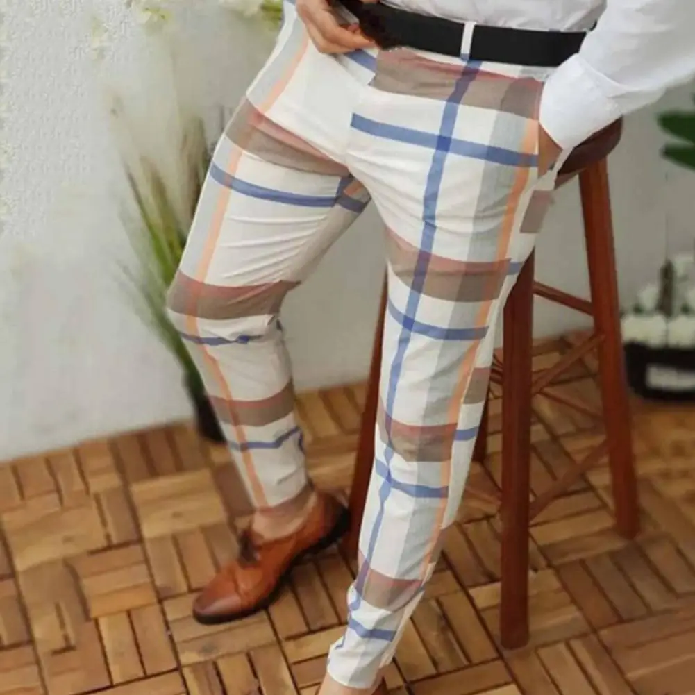 Mens Chinos Pants Slim Plaid Check Pants Male Trousers Mens Casual Pant