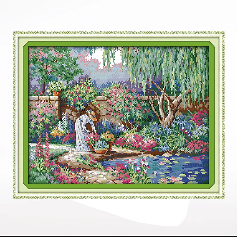 

Garden girls cross-embroidered landscape living room bedroom hanging painting, 11CT/14CT hand-embroidered