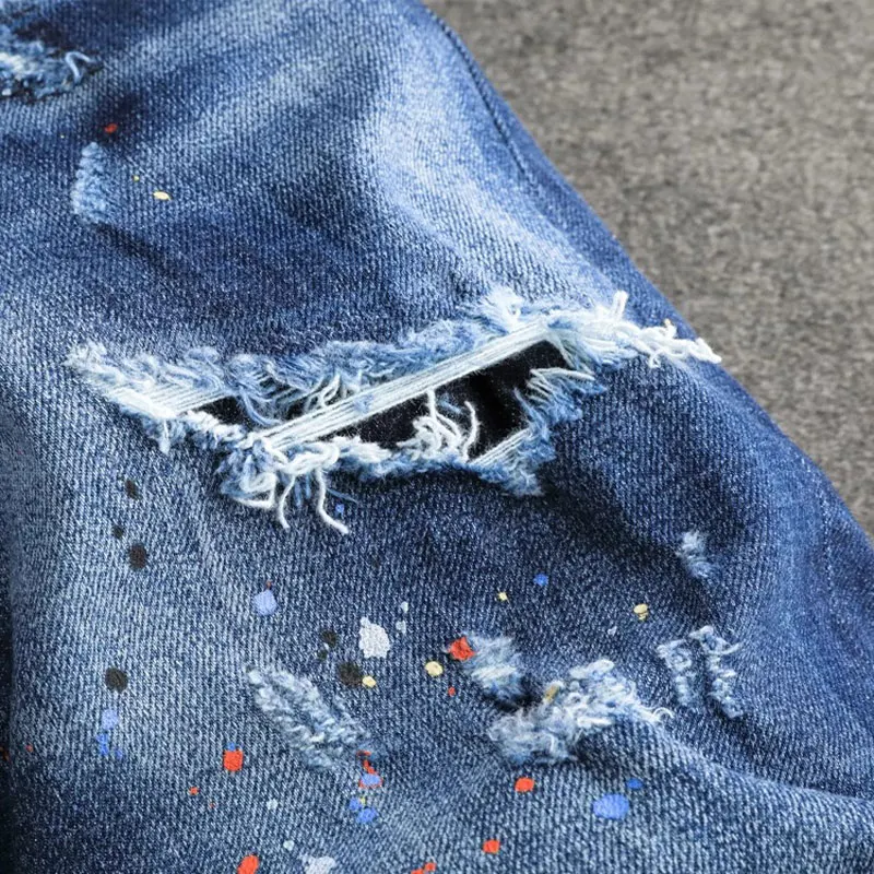 High Street Fashion Men Jeans Retro Blue Stretch Slim Fit Vintage Ripped Jeans Men Painted Designer Hip Hip Brand Pants Hombre