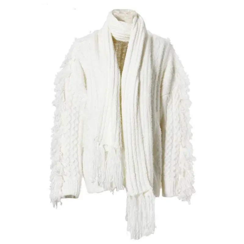 

TNFS Women Sweater Tassels Patchwork White Cardigan Sweater Coats Fashion Casual Thicken Knitting Tops For Women 2023 New