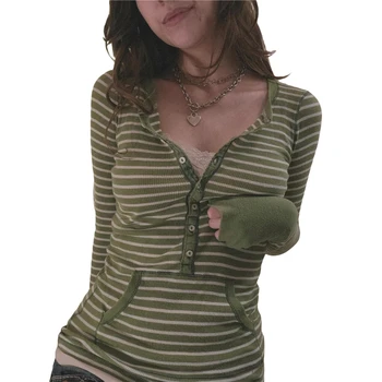 Stripe T Shirts for Women Button V Neck Long Sleeve Tops with Pocket y2k 2000s Fairy Grunge Clothes Vintage Streetwear 1