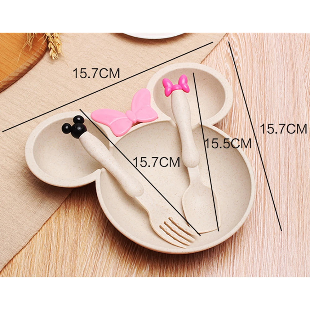 Baby Dishes Tableware Set Wheat Straw 3Pcs/set Cartoon Kids Dinner Plates Baby Feeding Plate Training Bowknot Bowl Spoon Fork baby tableware set