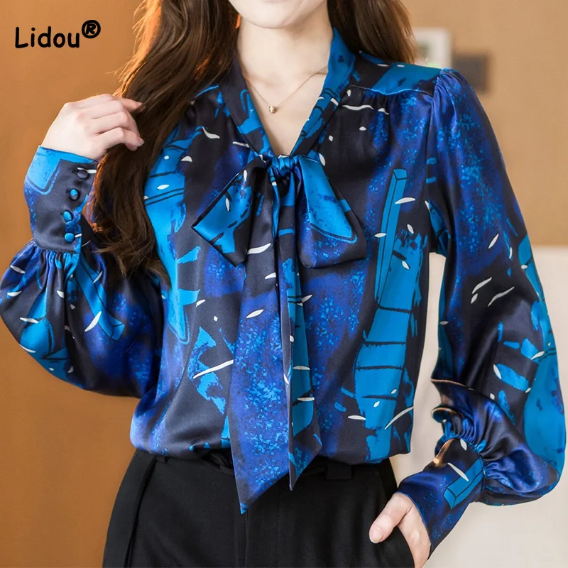 

Temperament Satin Shirt for Women Bandage V-Neck Printing Flare Long Sleeve Spring Autumn Womens Clothing Casual Blouse Trend