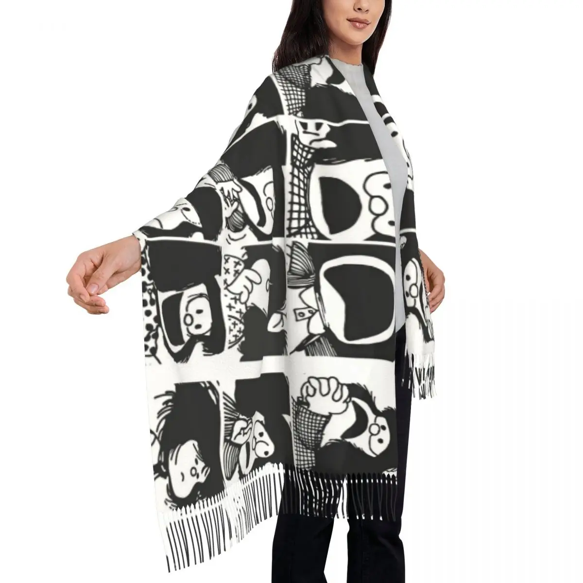Anime Plaid Mafalda Blanket Scarf Women Luxury Winter Shawl Wraps Quino Cute Kawaii Tassel Wraps 4