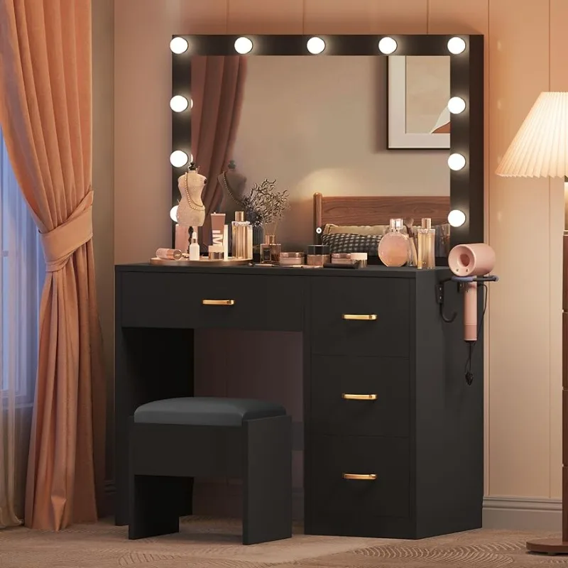 

DWVO Makeup Vanity Table, Vanity Desk Set with Large Mirror, LED Lights with Adjustable Brightness, Bedroom Vanity Table