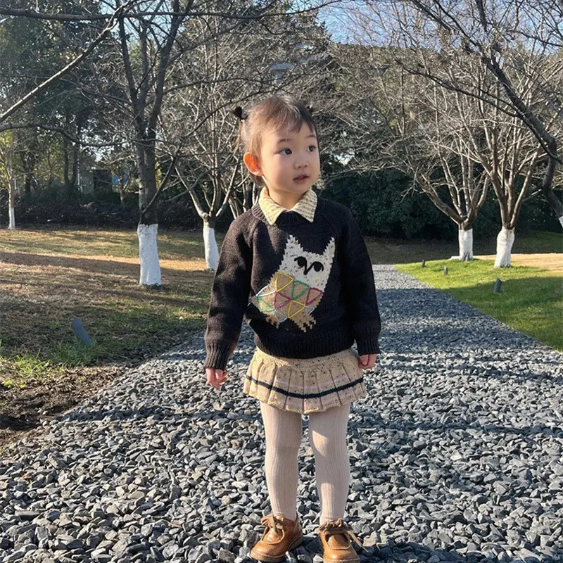 Girl Vintage Embroidered Sweater Winter Cartoon Owl Kids Clothes Children's Knitted Sweater Baby Boy Knitwear Pullover