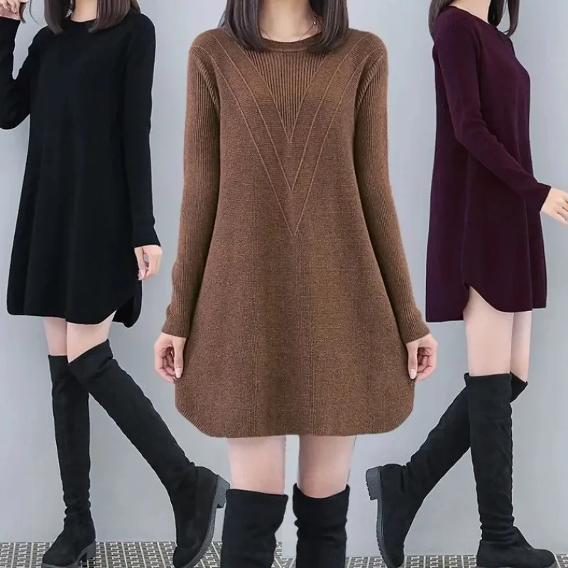 

6XL Large Size Women's Sweater Autumn Winter Korean Loose Mid-Length Knitted Dress Solid All-Match Pullovers Female Knitwear