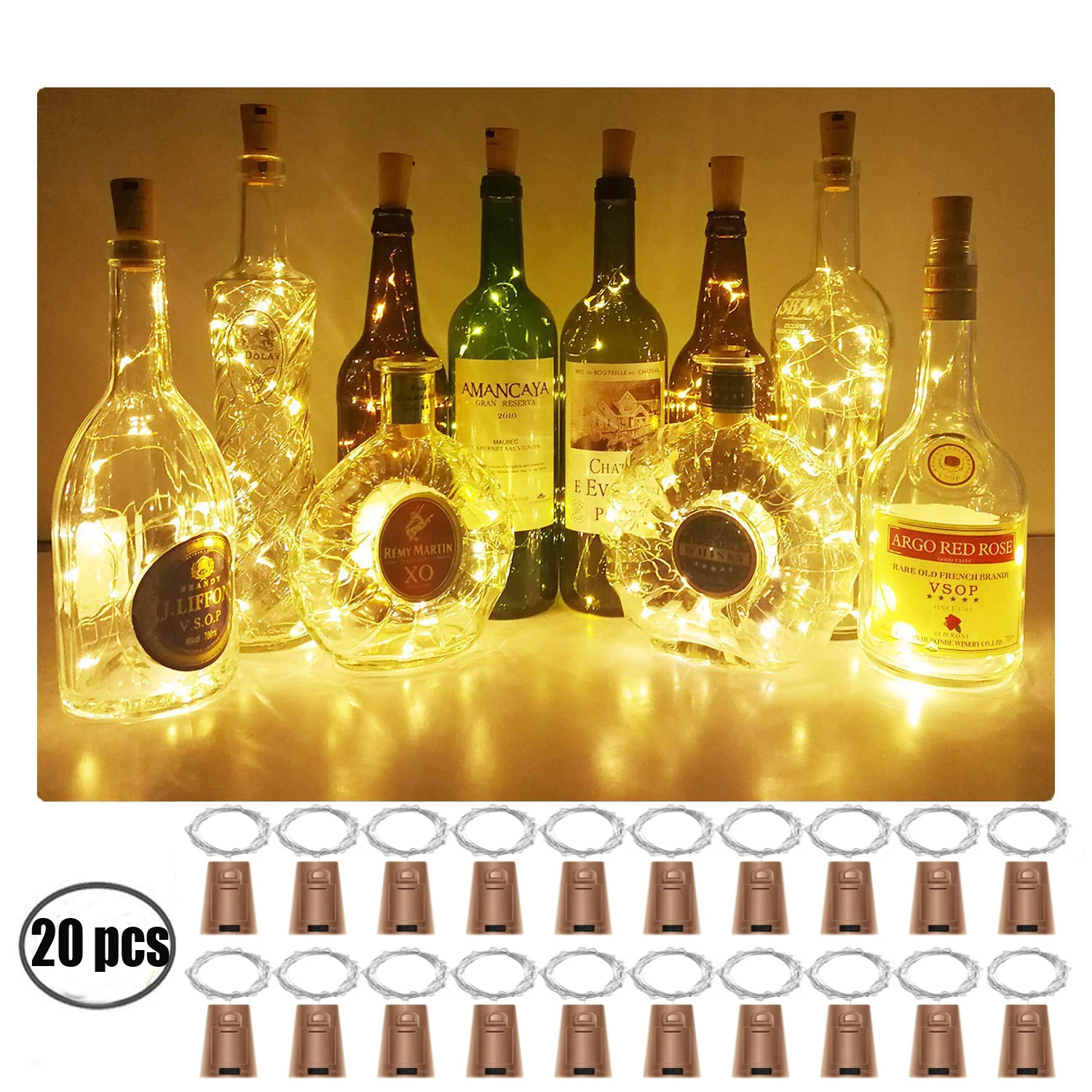 코르크 와인 병 조명, 배터리 작동, 밝은 LED 요정 미니 스트링 조명, 양주 병 DIY 장식..
