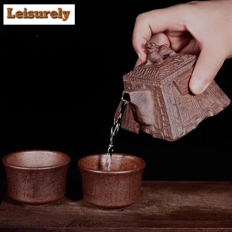 195ml Yixing Purple Clay Teapots Handmade Square Dragon Zun Pot Raw Ore Wood-fired Porcelain Mud Tea Soaking Kettle Zisha Teaset