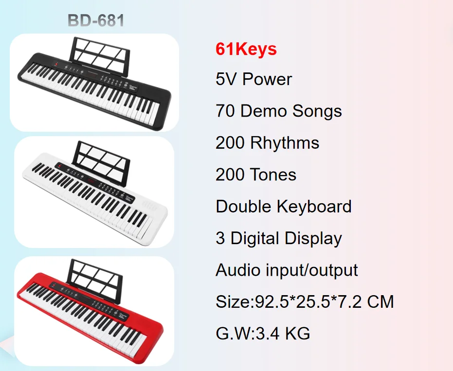 61-Keys Portable Digital Organ Piano Keyboard Multifunctional Music Toy For Kids USB Power Supply Made Of Durable Plastic