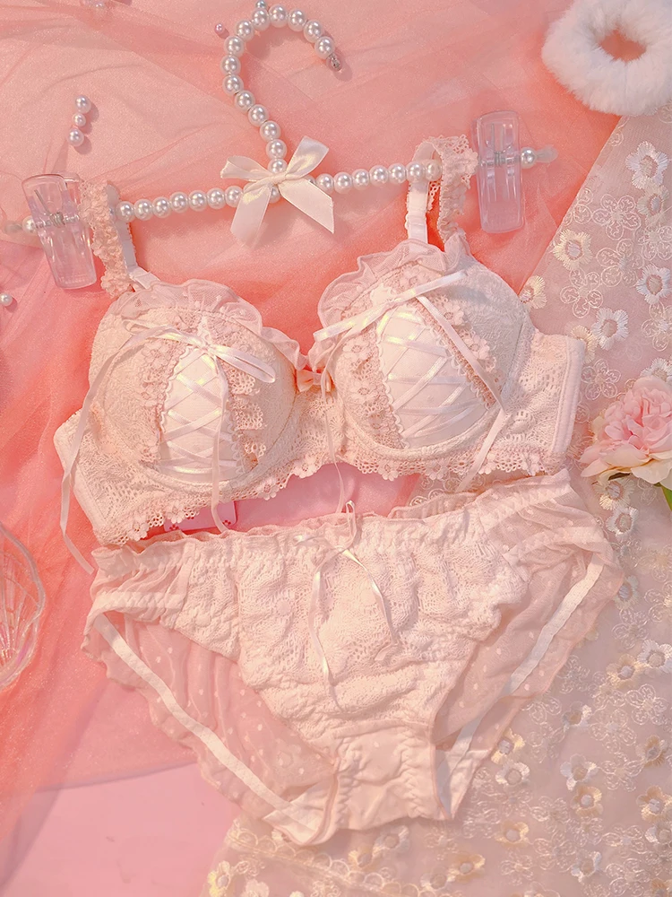 

Japanese Kawaii Style Sweet Girl Sexy Lace Bra Set Push Up Pink White Romantic Cute Lingerie Underwear Size 32 34 36 38 Cup Bh