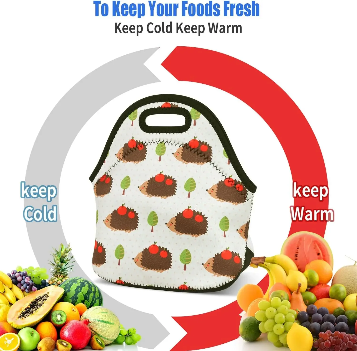 Violet Mist Womens Cute Reusable Neoprene Lunch Bag Insulated Lunch Box Hedgehog Animal Thermal Tote Waterproof Leakproof