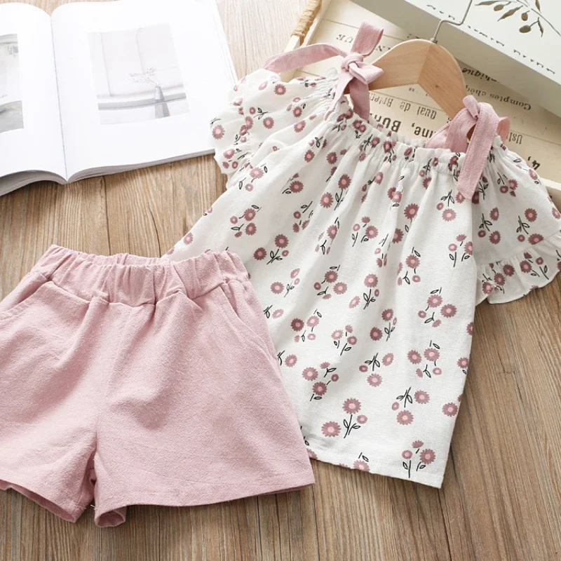 Girls Clothing Sets Summer Kids Clothing Sets Sleeveless Floral T-shirt Shorts Pants 2Pcs Suit Bow Children Girl Suit kids clothing set girls clothing set