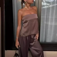 Women Elegant Strapless Loose Outfits Fashion Hight Waist Solid Satin 2Pc Suit Sexy Off Shoulder Sleeveless Tops & Long Pant Set