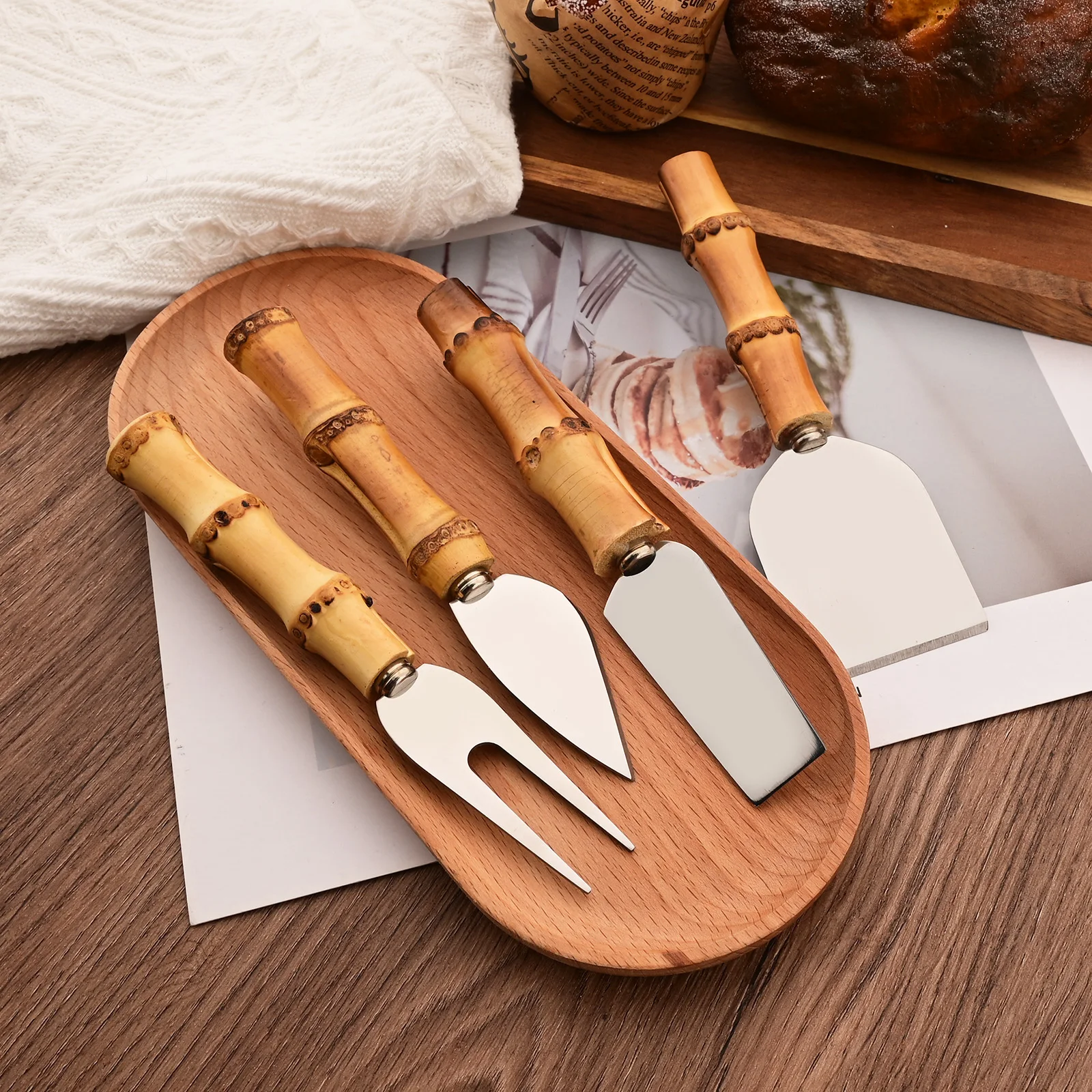 6Pcs Dinnerware Set Silver Natural Bamboo Handle Cheese Knife Stainless Steel Cutter Set Kitchen Accessories cheese knife
