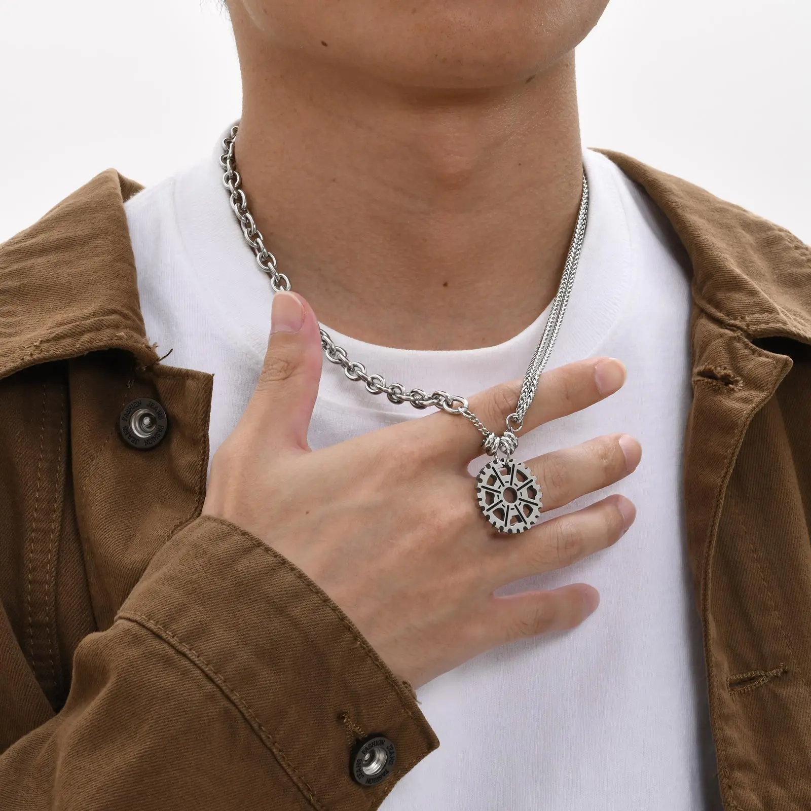 Mprainbow Punk Gear Pendant Necklaces for Men Boys, Ins Hip-hop Design Two Different Chains Splicing,New Valentine's Day Gift