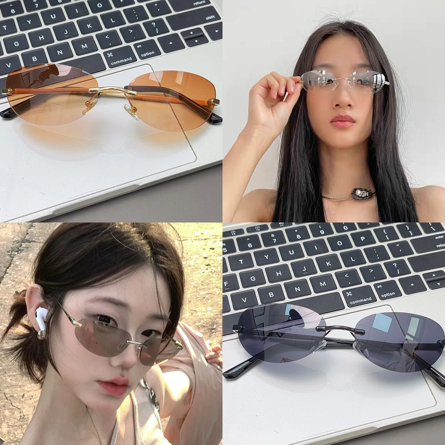 Fashion Luxury Small Frame Oval Rimless Cat Eye Sunglasses Vintage Y2K Sun Glasses UV400 Gradient Shades Eyewear for Women Men