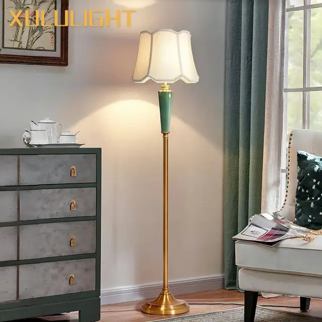 Ceramic floor lamp, palace fabric lampshade, living room decorative lighting fixtures, bedroom bedside standing table lamp,