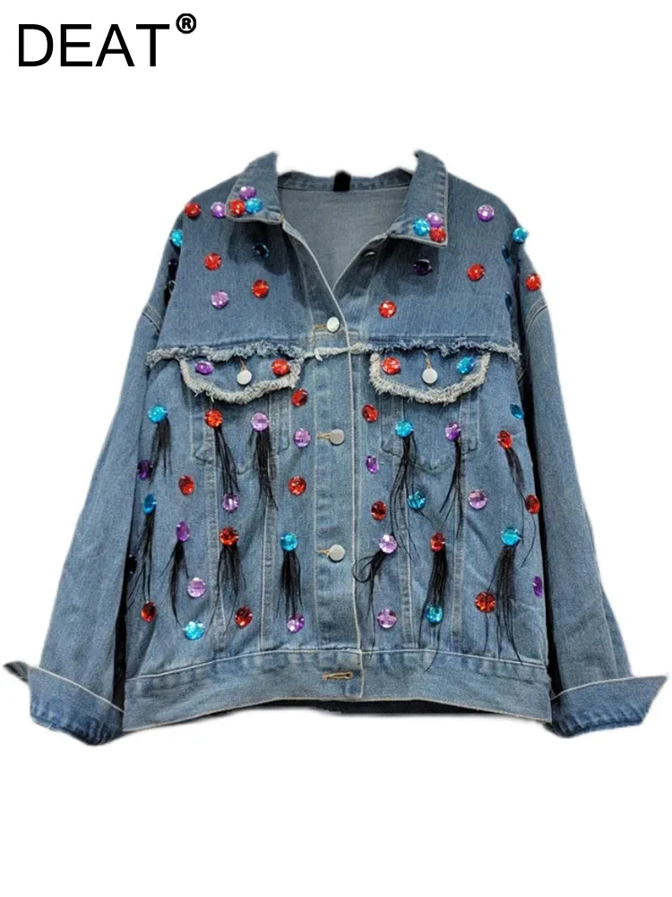 

DEAT Women Denim Coat Colored Diamonds Beading Burrs Long Feathers Patchwork Blue Lapel Jackets 2024 spring New Fashion 29L3515